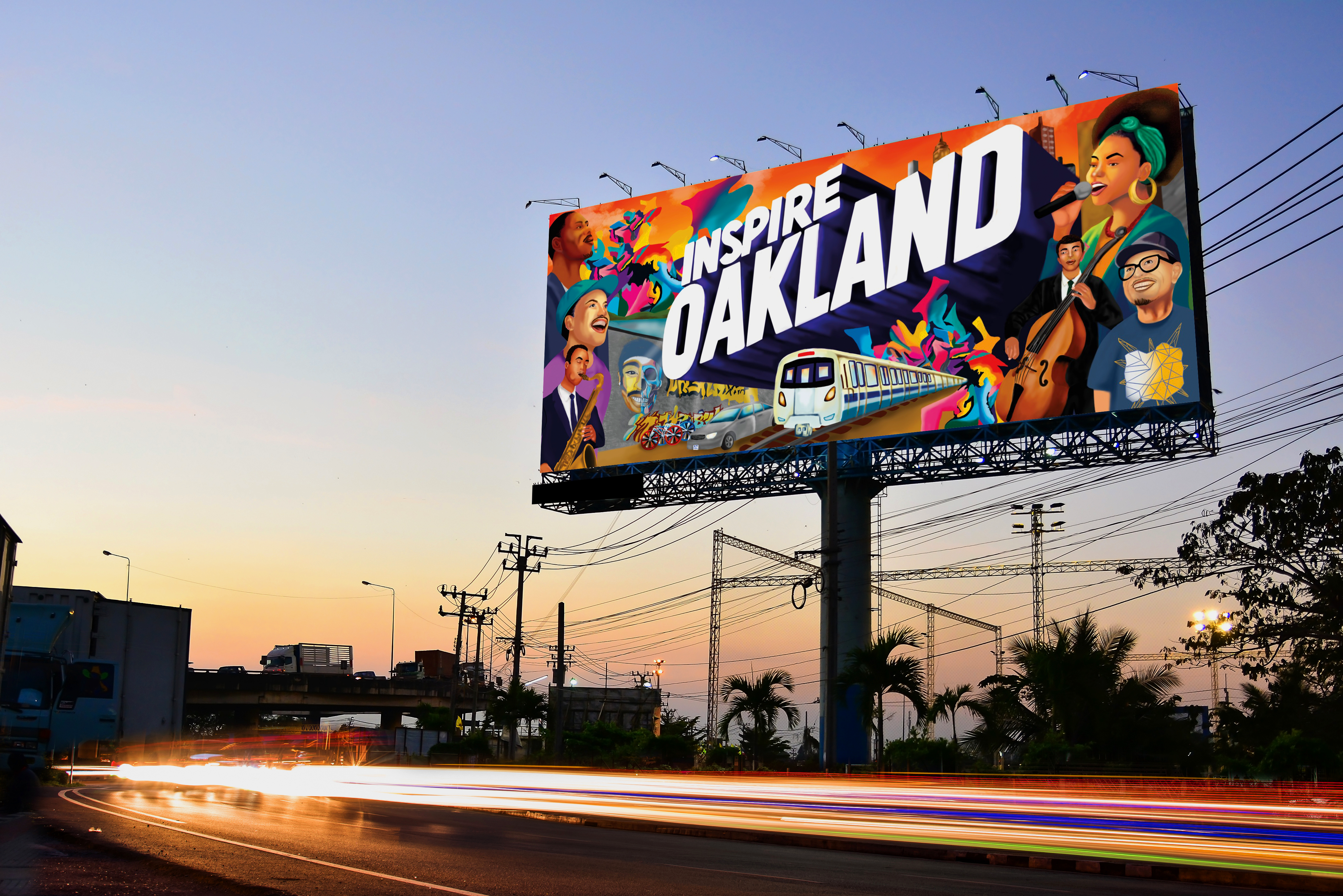 Inspire Oakland billboard at dusk